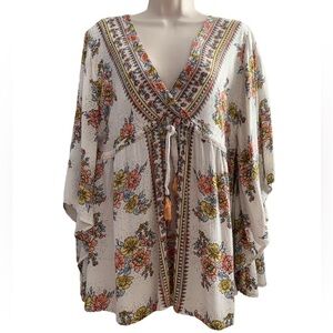 ANGIE Floral Boho Peasant Babydoll Flowy Batwing Top
